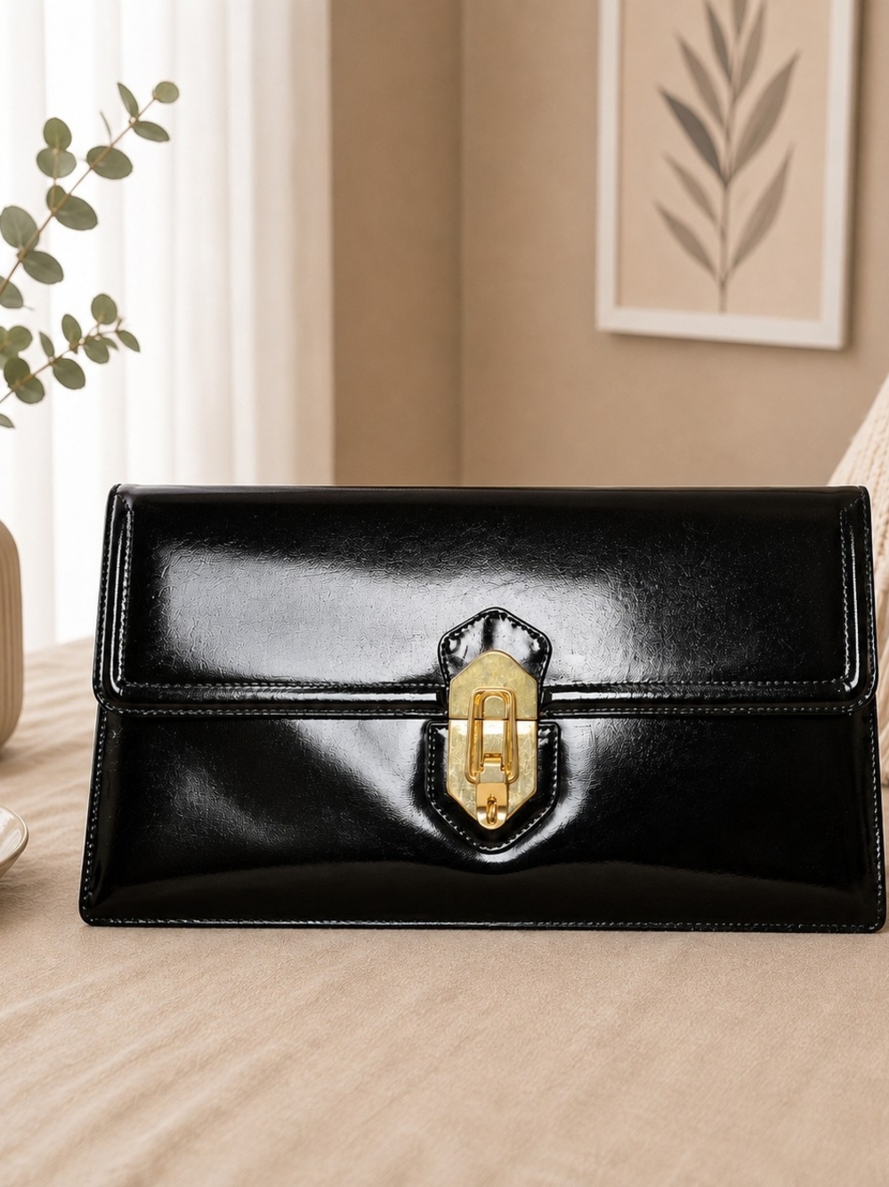 Black Patent Leather Clutch with Gold Lock
